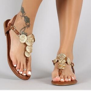 BAMBOO T-STRAP THONG FLAT SANDALS SIZE 6.5